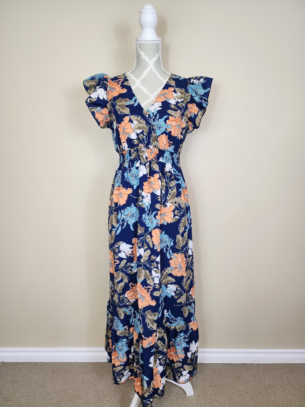 SHEIN Floral Maxi Dress Navy Blue Ruffle Flutter Sleeves Romantic Boho Medium